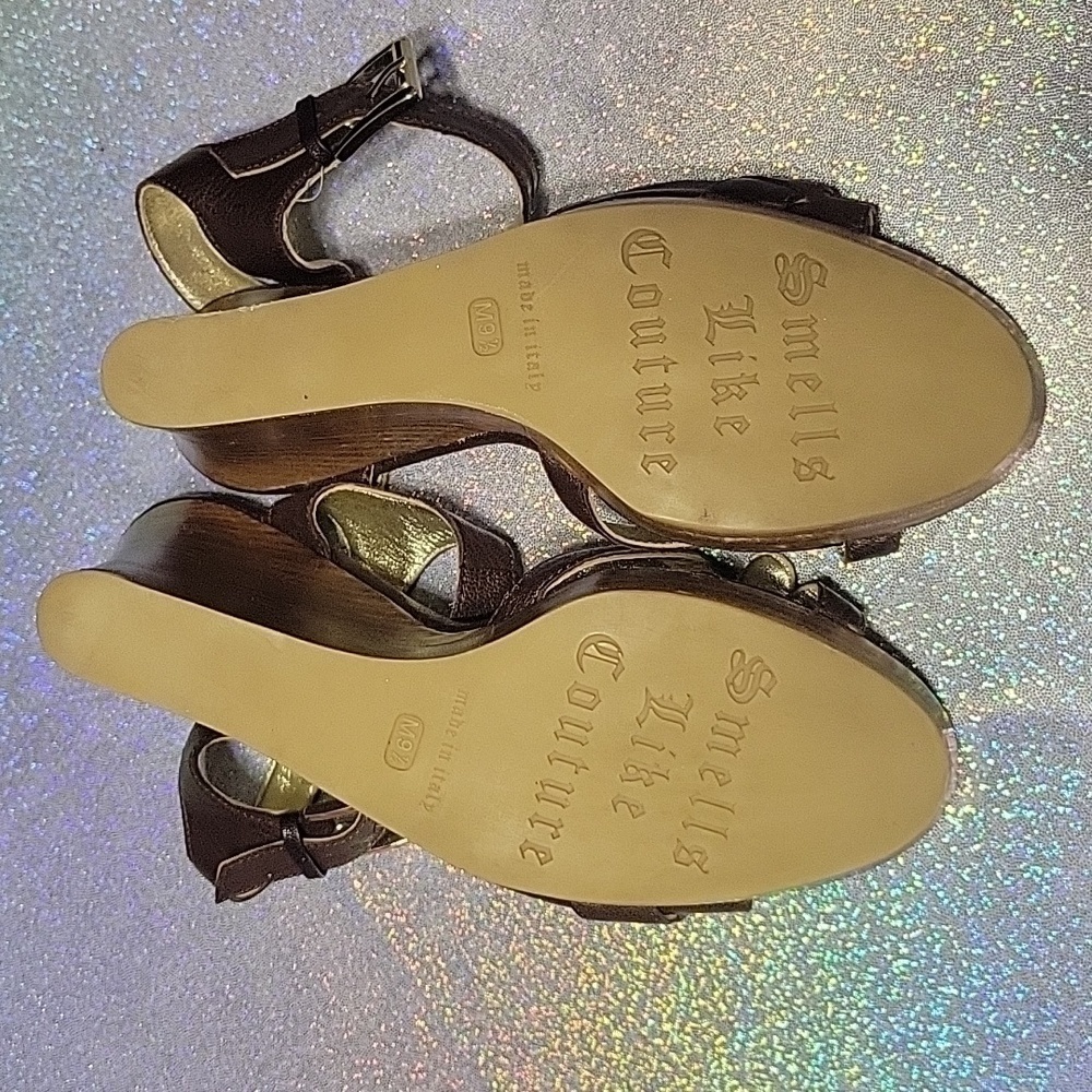 Y2k Vintage Juicy Couture Brown Leather Peep Toe Wedge Sandal SZ:9.5 - Picture 8 of 9